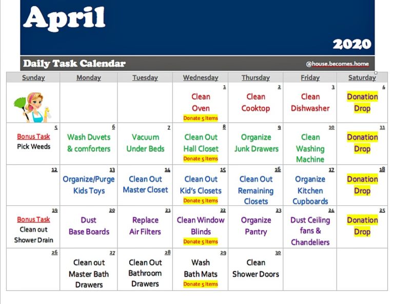 Daily Task Calendar For the Month of April